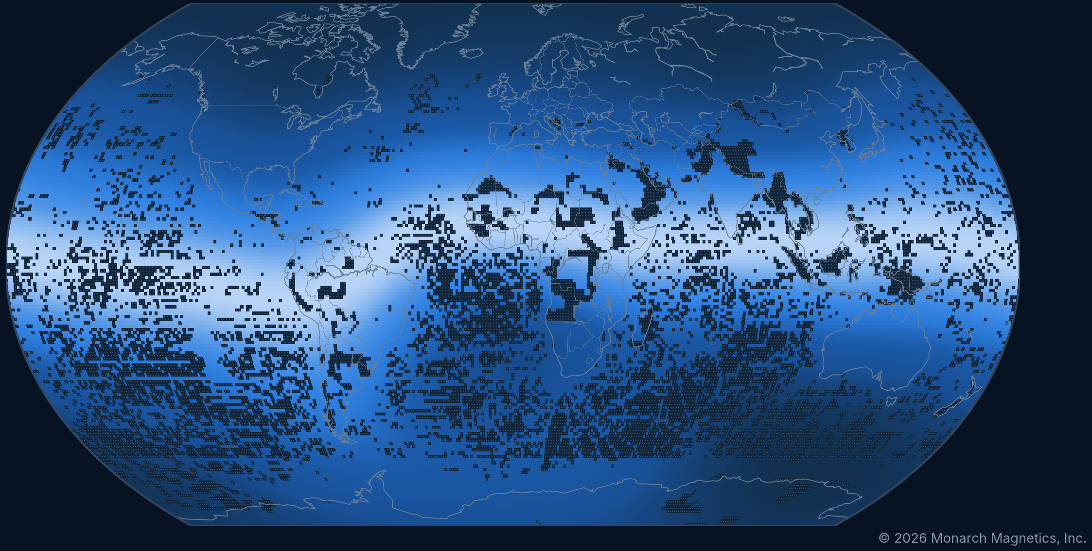 Global map illustrating geographic variation in relative field-strength uncertainty, with dark stippling indicating sparse survey coverage.