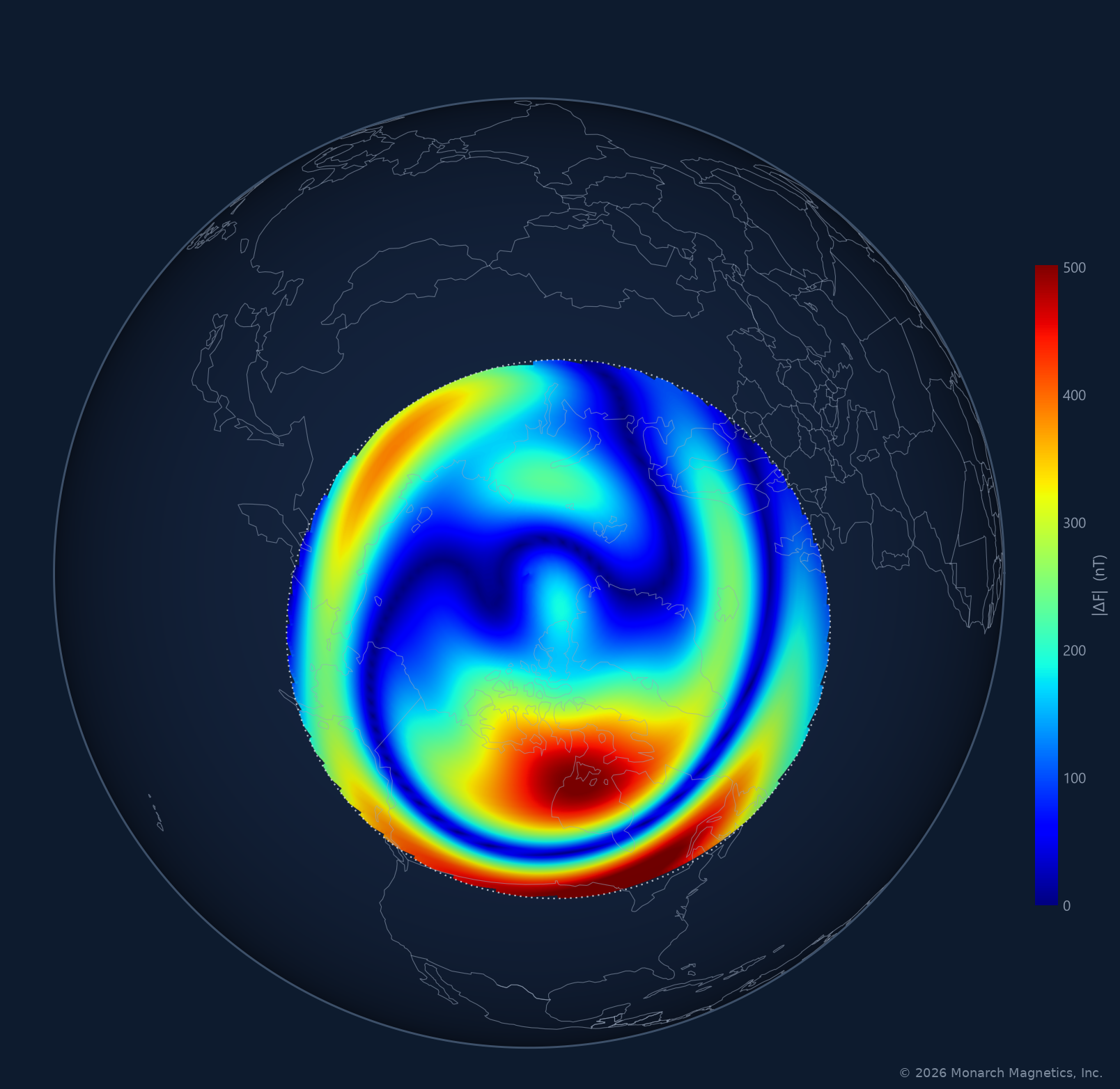 SWC-Global modeled field-strength disturbance over the northern polar region during the 12 November 2025 geomagnetic storm.